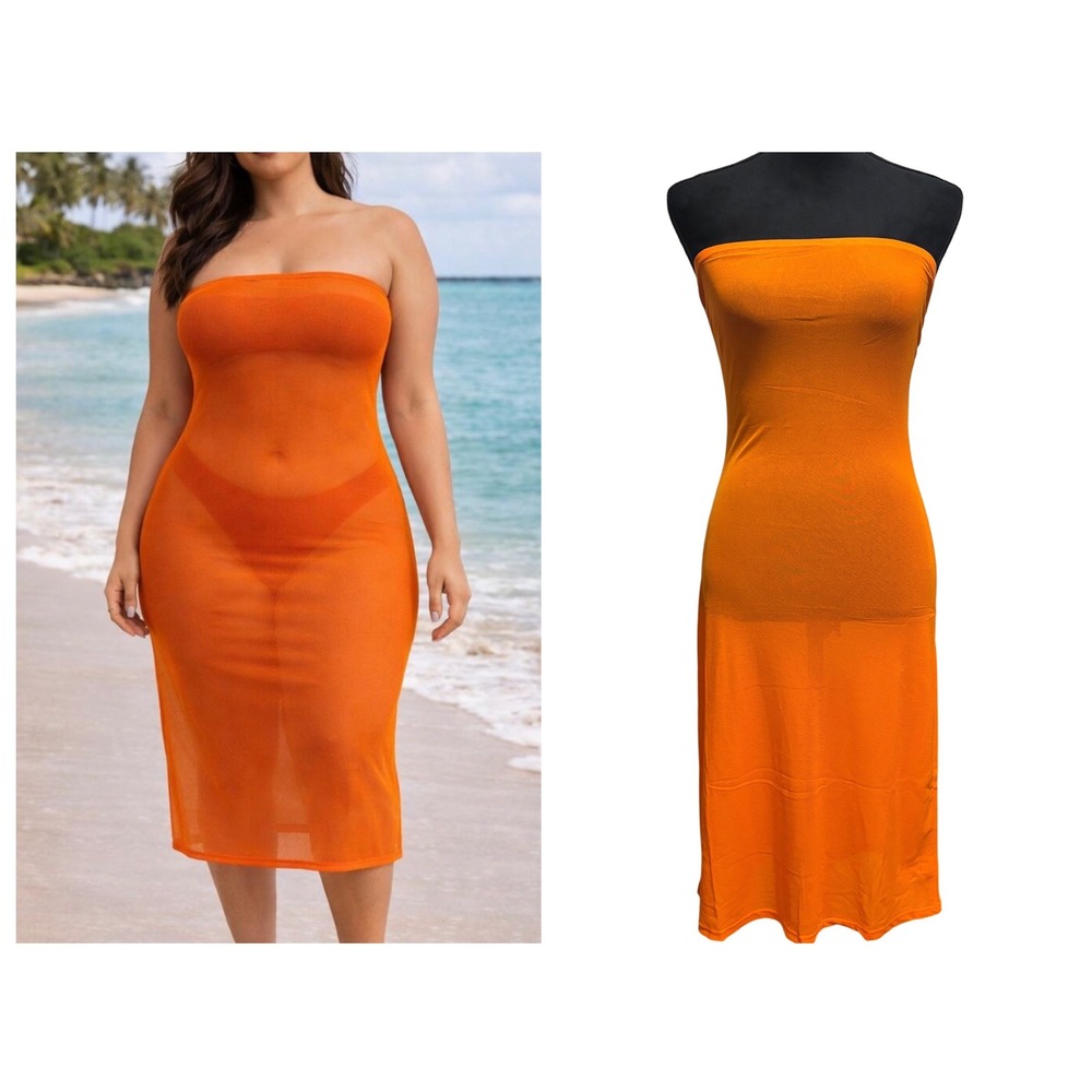 Khy by Kylie Jenner Mesh Tube Midi Dress Large Orange Strapless Sheer Bodycon